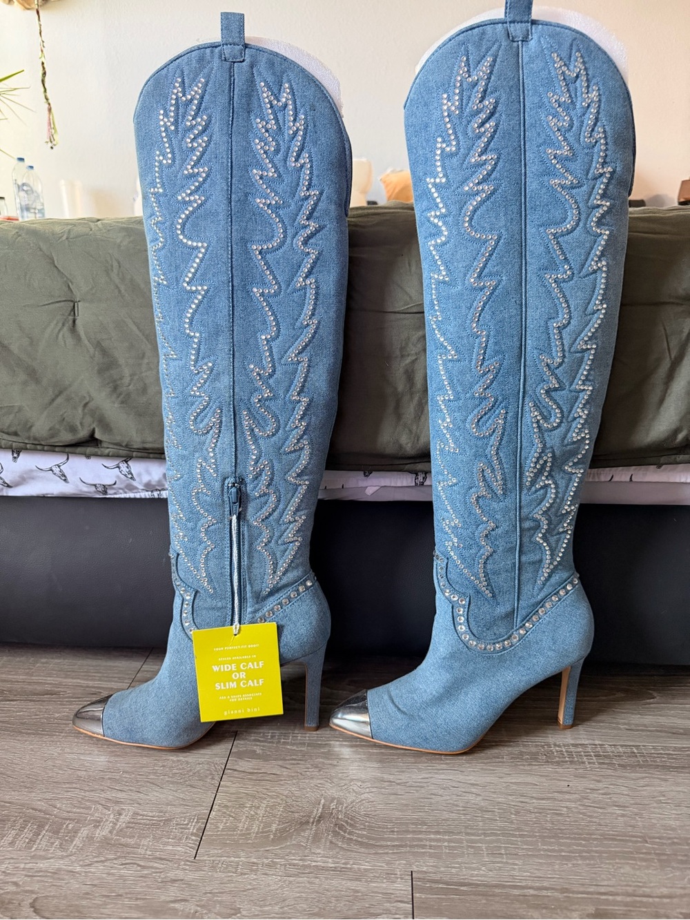 Gianni Bini Rhinestone Embellished Western Denim Boots - Picture 2 of 3